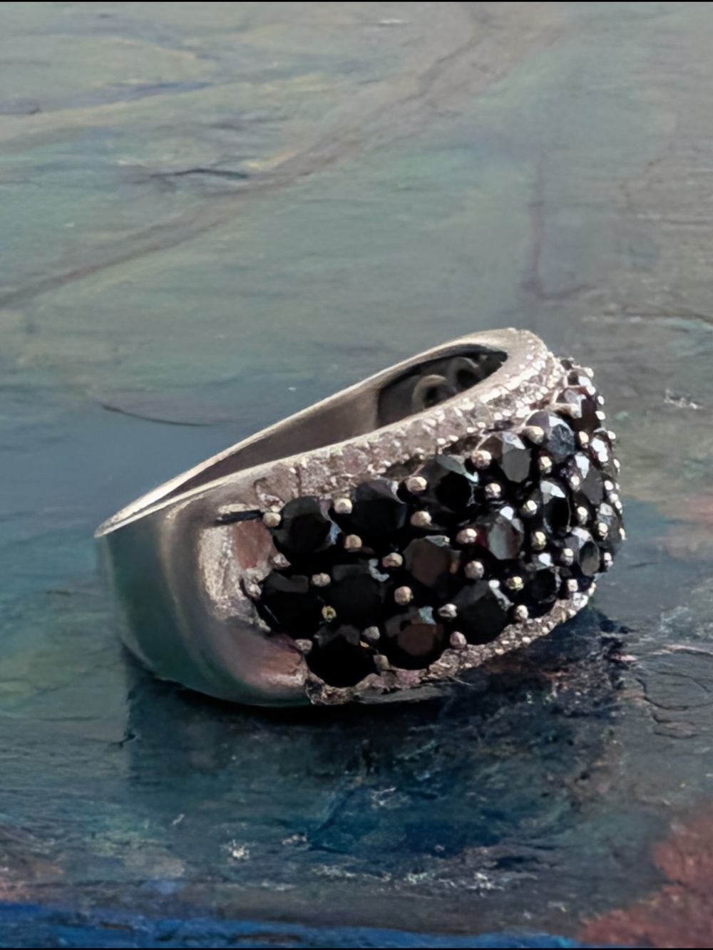 Elegant Black Spinel Pavé Band Ring With Clear CZ's Sterling Silver Ring Size 9 - Picture 2 of 11